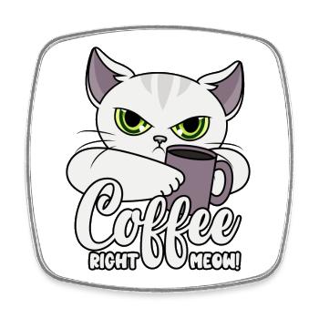 Café Miaou Droit - Miaou - Chat avec une tasse de café - Magnet carré - blanc - Devant