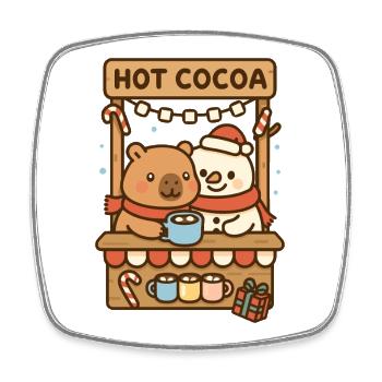Capybara and snowman at the cocoa stand - Square fridge magnet - white - Front