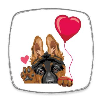 Waving German Shepherd puppy dog with a balloon - Square fridge magnet - white - Front