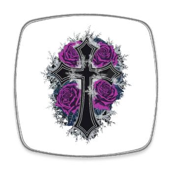 Gothic Kreuz Mit Lila Rosen und Schnee Details - Viereckiger Kühlschrankmagnet - Weiß - Vorne