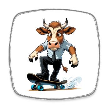 Kuh am Skateboard im Anzug - Viereckiger Kühlschrankmagnet - Weiß - Vorne