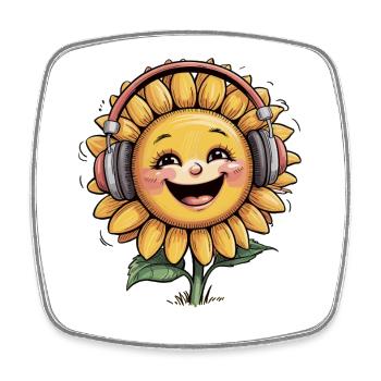 Fröhliche Sonnenblume mit Kopfhörern Smile & Shine - Viereckiger Kühlschrankmagnet - Weiß - Vorne
