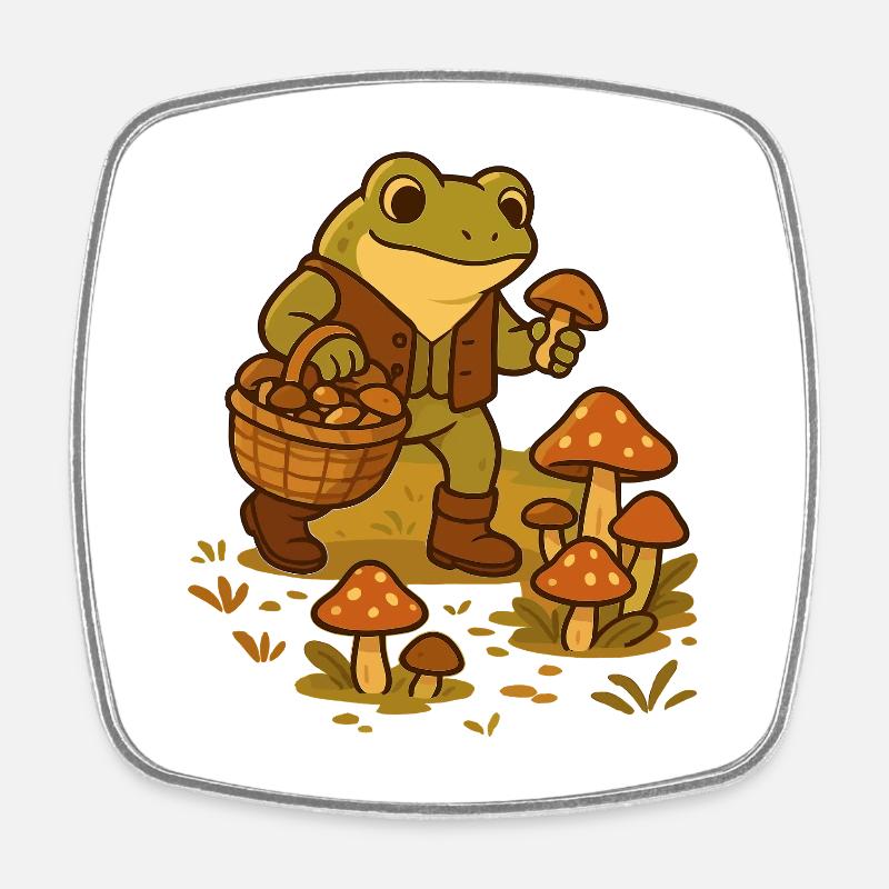 Grenouille avec panier à champignons – Mushroom Picker Frog - Magnet carré - blanc