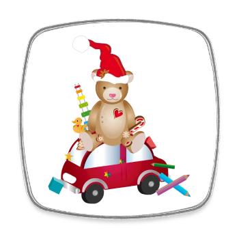 Teddy bear with santa hat on toy car - Square fridge magnet - white - Front