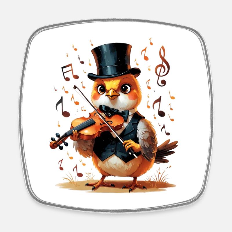 Bird in top hat plays violin - Square fridge magnet - white