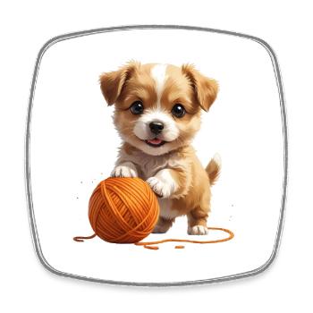 Cuddly dog with yarn ball - Square fridge magnet - white - Front