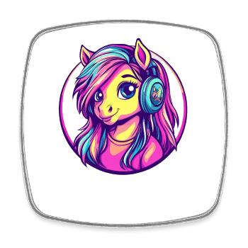 Neon pony with headphones – colorful cartoon pony - Square fridge magnet - white - Front