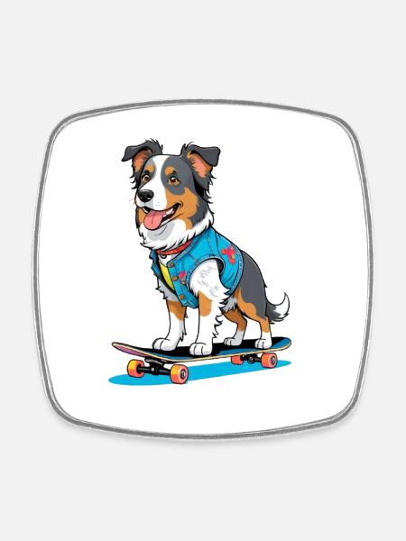 Skateboard dog in jeans vest - Square fridge magnet - white