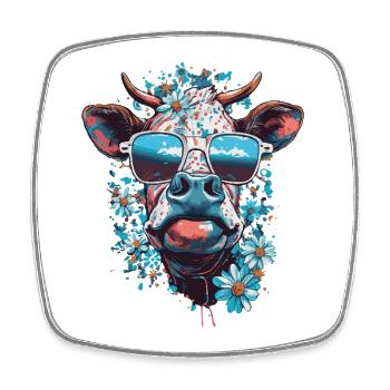 Bunte Kuh mit Sonnenbrille – Flower Power Look - Viereckiger Kühlschrankmagnet - Weiß - Vorne