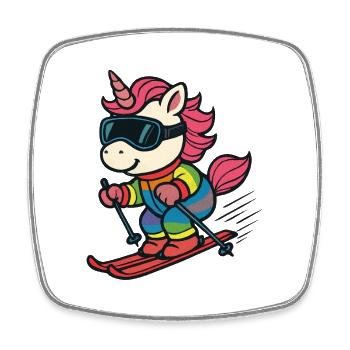 süßes Ski-Einhorn im Regenbogenanzug - Viereckiger Kühlschrankmagnet - Weiß - Vorne