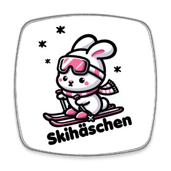 Cute ski bunny with pink ski goggles in the snow - Square fridge magnet - white - Front
