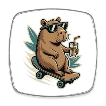 Beaver on skateboard with drink and sunglasses - Square fridge magnet - white - Front