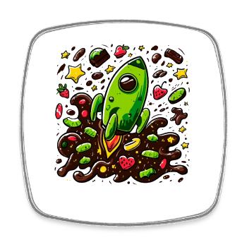 Green rocket in the chocolate universe - Square fridge magnet - white - Front