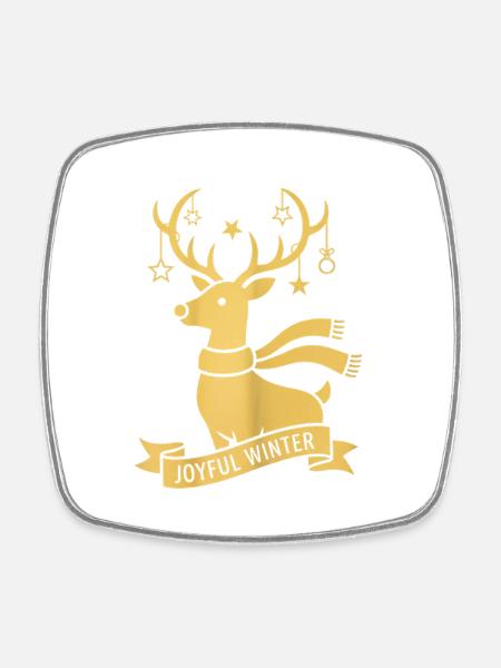 Renne doré – Motif hivernal joyeux - Magnet carré - blanc