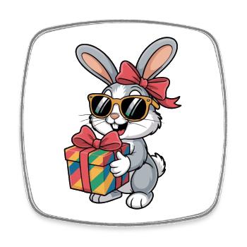 Fröhlicher Hase mit Geschenk - Viereckiger Kühlschrankmagnet - Weiß - Vorne