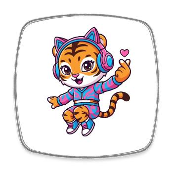 Dancing Tiger With Cat Headphones - Square fridge magnet - white - Front