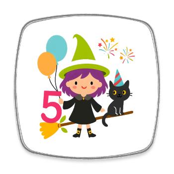 Kawaii Witch 5th Birthday Party Design - Square fridge magnet - white - Front