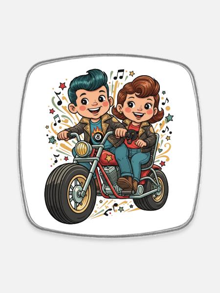 Comic Bike Duo Adventure - Square fridge magnet - white