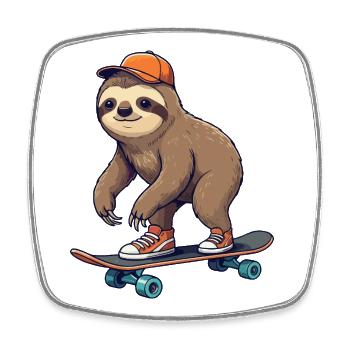 Funny Sloth Skating on Skateboard Cartoon Skater - Square fridge magnet - white - Front