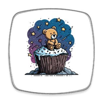 Cuddly bear on cupcake in space - Square fridge magnet - white - Front