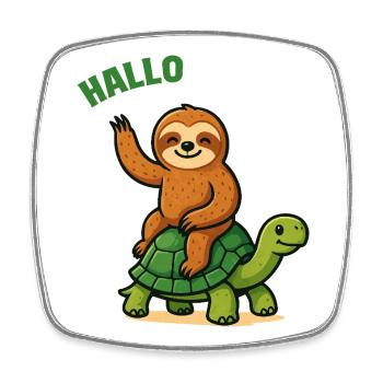 Hello sloth on turtle - Square fridge magnet - white - Front