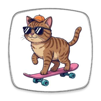 Chat drôle patinant sur un skateboard de dessins animés - Magnet carré - blanc - Devant