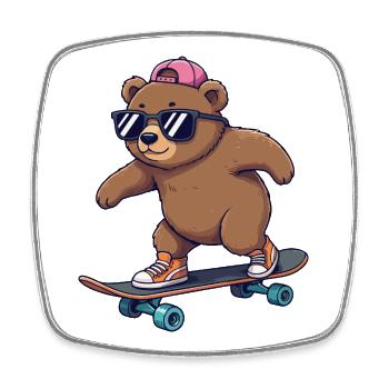 Funny Bear Skating on Skateboard Cartoon Skater - Square fridge magnet - white - Front