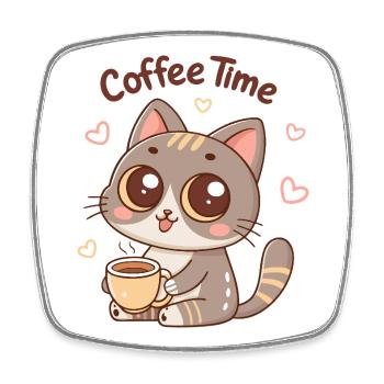 Kätzchen-Kaffeezeit - Viereckiger Kühlschrankmagnet - Weiß - Vorne
