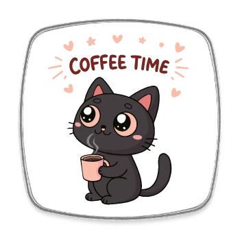 Chat Noir Café Heureux - Magnet carré - blanc - Devant