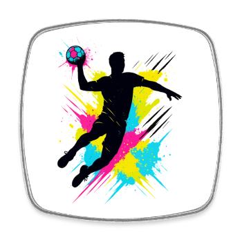 Handball Spieler Splash, bunter Sprungwurf, Action - Viereckiger Kühlschrankmagnet - Weiß - Vorne