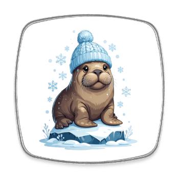 Winter sea lion with blue cap - Square fridge magnet - white - Front