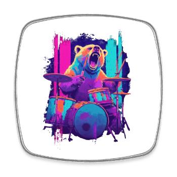 Wild Bear on Drums - Rock Drummer Gift - Square fridge magnet - white - Front