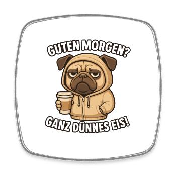 Morning grouch Pug in a hoodie with coffee - Square fridge magnet - white - Front