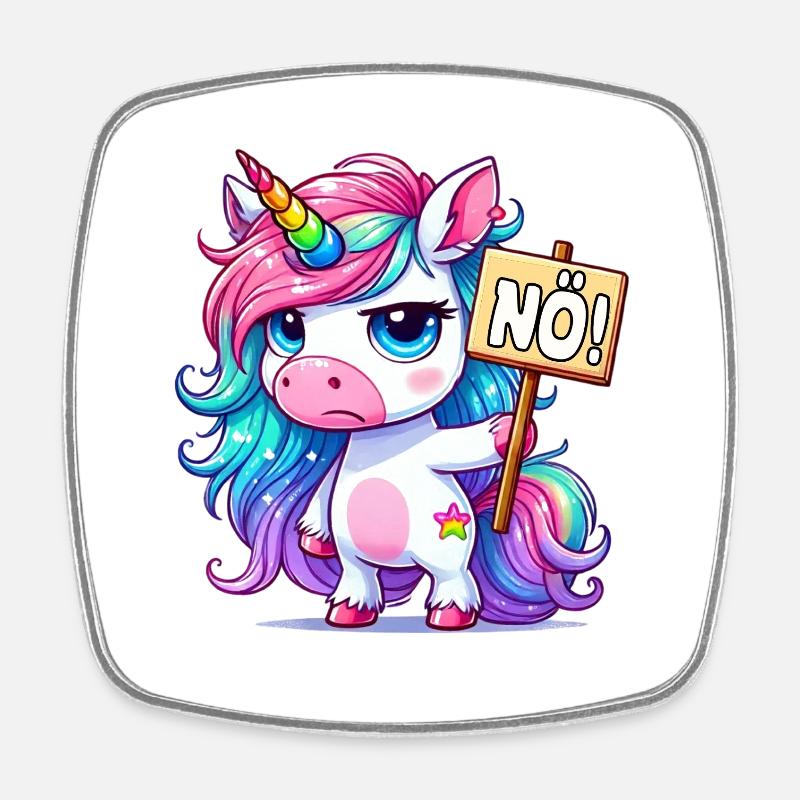 Regenbogen-Einhorn mit Nein-Schild - Viereckiger Kühlschrankmagnet - Weiß