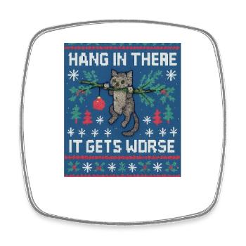 Festive Cat Hanging Meme, Funny Kitten - Square fridge magnet - white - Front