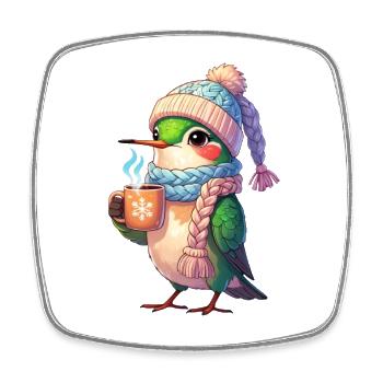 Winterkuschel Vogel mit Becher - Viereckiger Kühlschrankmagnet - Weiß - Vorne