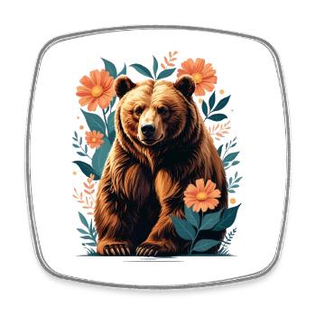 Brown bear in a flower frame - Square fridge magnet - white - Front
