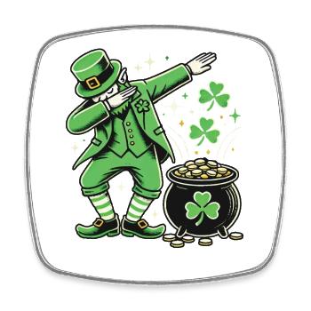 Lustiger Leprechaun, der Kleeblatt-Goldmünzen abtupft - Viereckiger Kühlschrankmagnet - Weiß - Vorne