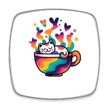 Regenbogenkatze im Becher - Viereckiger Kühlschrankmagnet - Weiß - Vorne