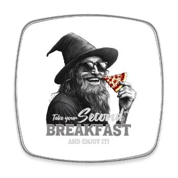 Funny magician with pizza - Square fridge magnet - white - Front