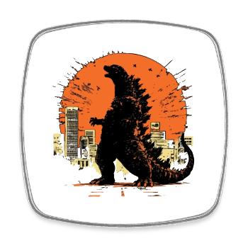 Kaiju silhouette over city at sunset - Square fridge magnet - white - Front