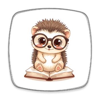Niedlicher Igel mit Brille auf einem Buch - Viereckiger Kühlschrankmagnet - Weiß - Vorne