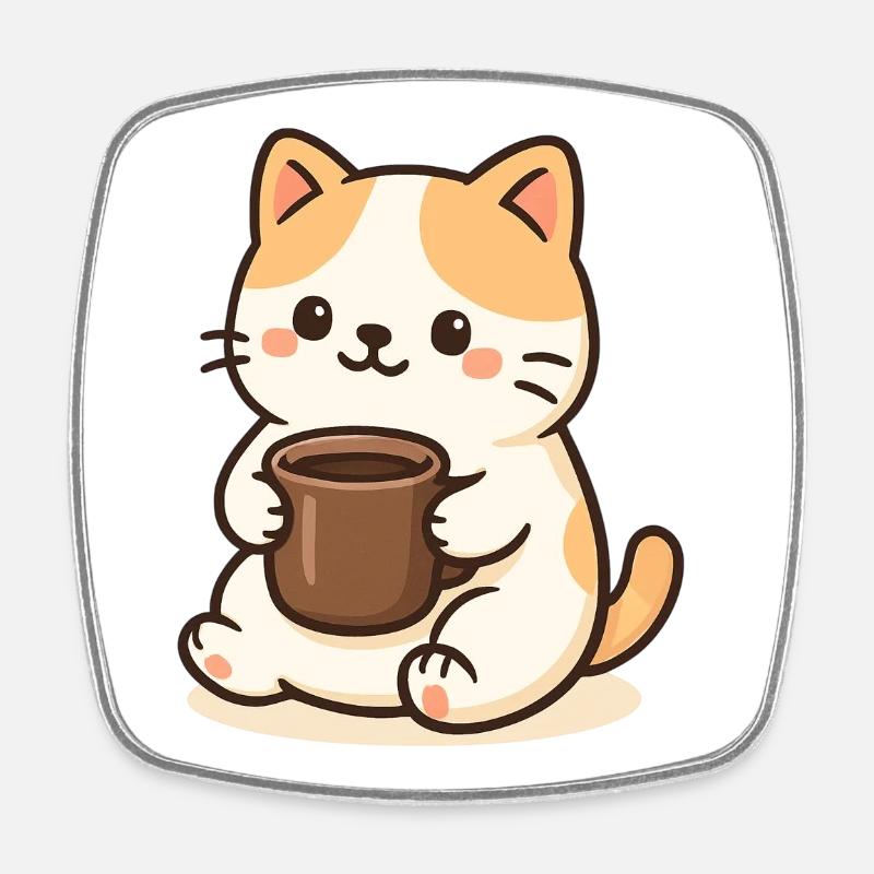 Cat with Cup - Viereckiger Kühlschrankmagnet - Weiß