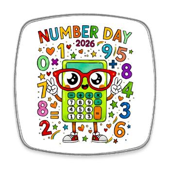 Mascotte Calculatrice du Jour des Numéros 2026 - Magnet carré - blanc - Devant