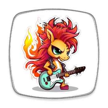 Flammenrock Pony mit Gitarre - Viereckiger Kühlschrankmagnet - Weiß - Vorne