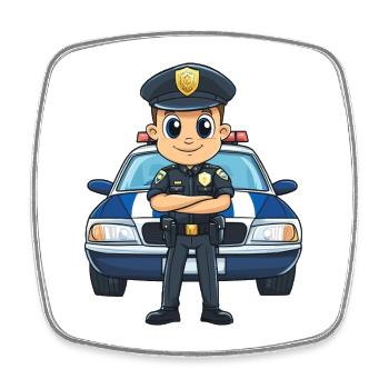 Policier de dessin animé devant une voiture de police - Magnet carré - blanc - Devant