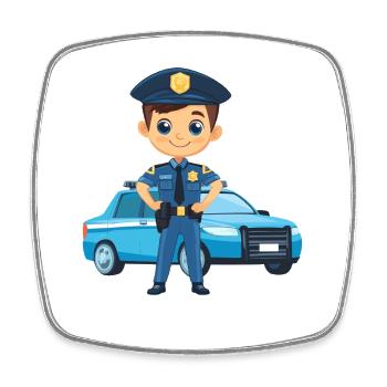 Dessin animé de héros policier devant une voiture de police - Magnet carré - blanc - Devant