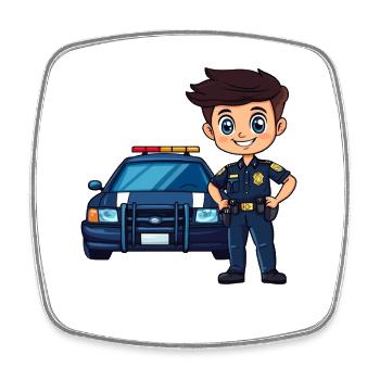 Polizei Cartoon mit Streifenwagen - Viereckiger Kühlschrankmagnet - Weiß - Vorne