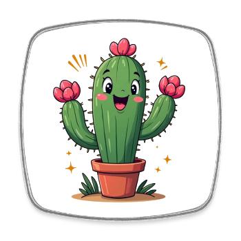 Cactus drôle en pot avec des fleurs - Magnet carré - blanc - Devant