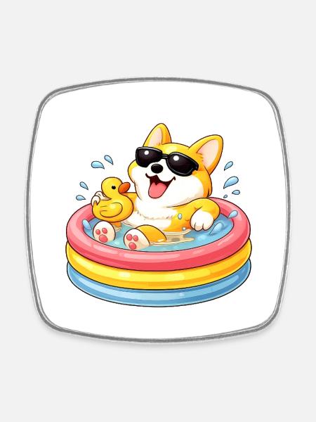 Corgi im Pool mit Sonnenbrille - Viereckiger Kühlschrankmagnet - Weiß